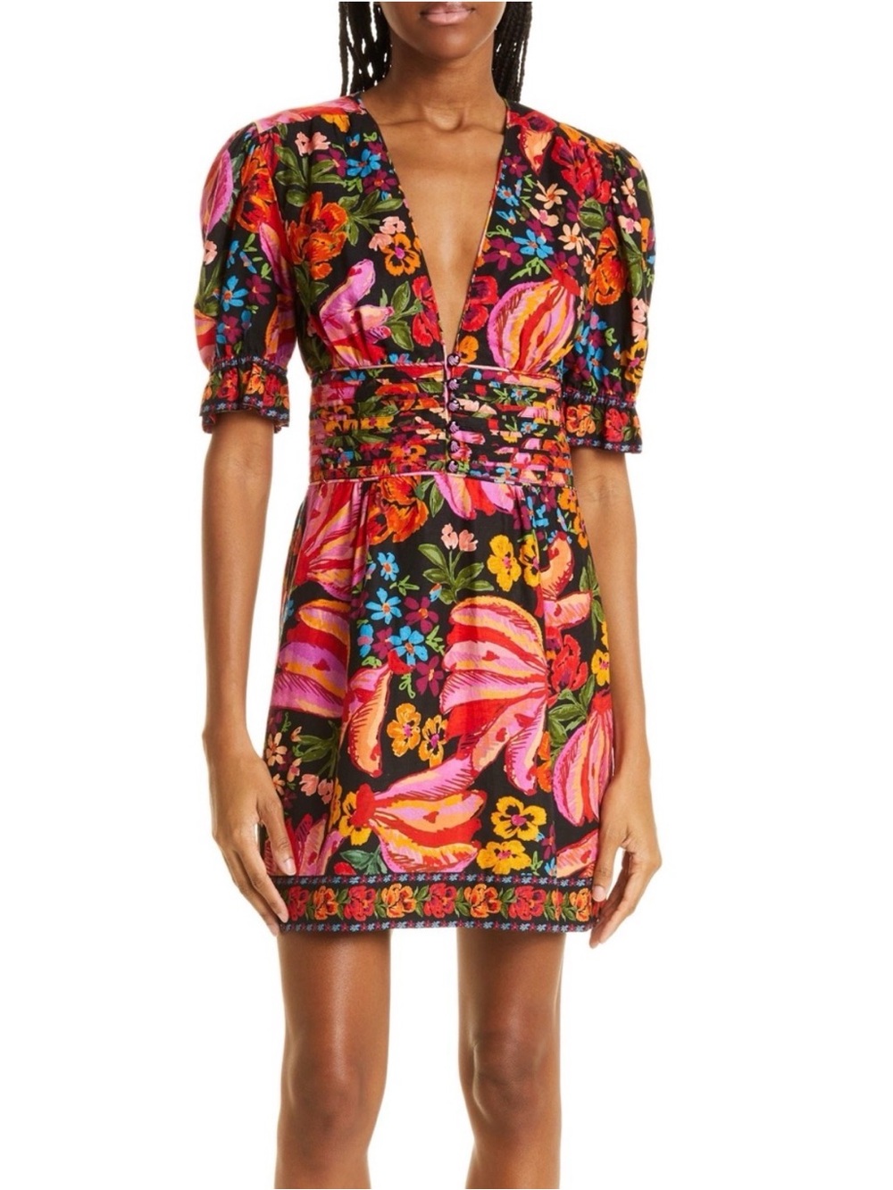 Farm Rio Floral Tropical V-Neck Puff Sleeve Mini Dress in Multicolor